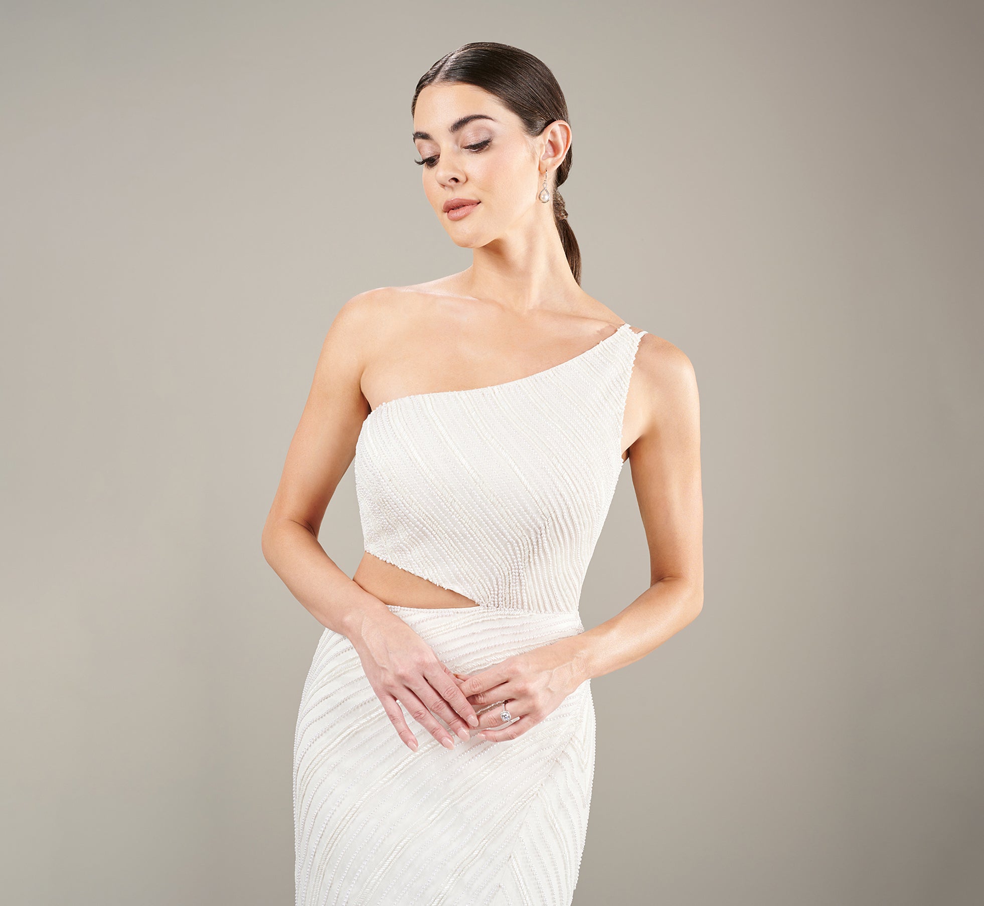 One Shoulder All Over Beaded Gown In Ivory