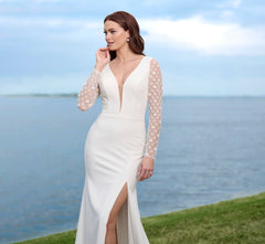 Stretch Crepe Gown With Beaded Lace Sleeves And Back In Ivory Nude