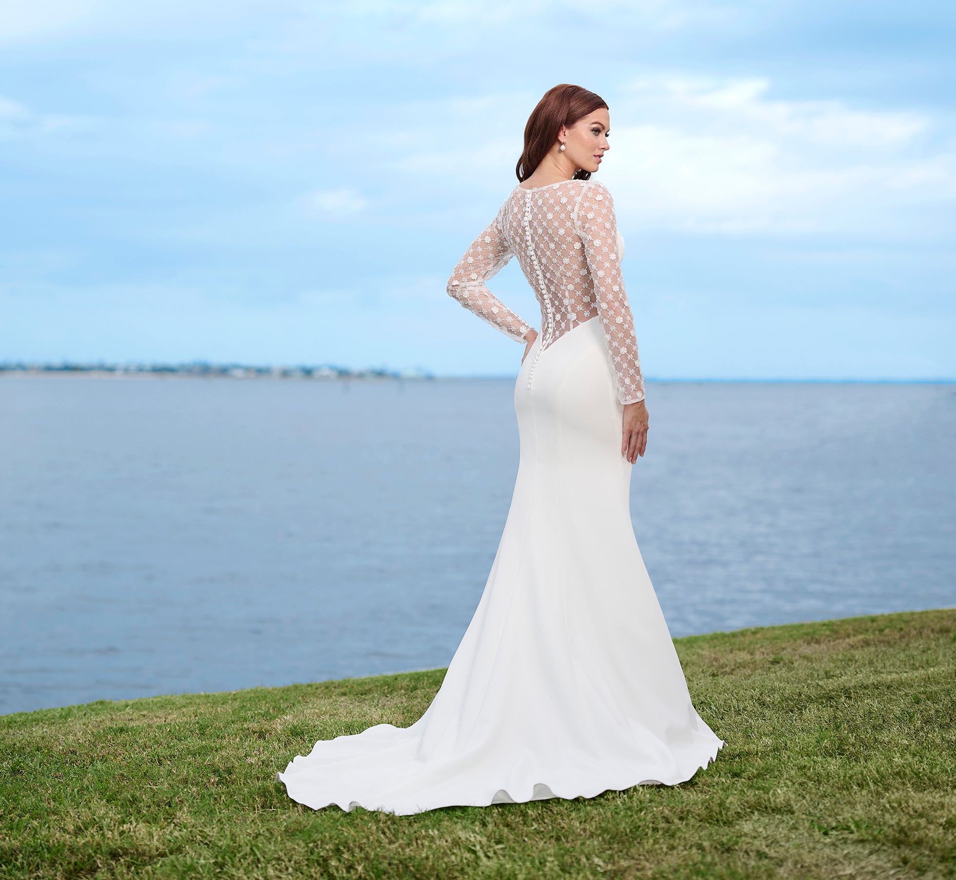 Stretch Crepe Gown With Beaded Lace Sleeves And Back In Ivory Nude