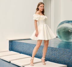 Mikado Off Shoulder Puff Sleeve Short Skirt in Ivory