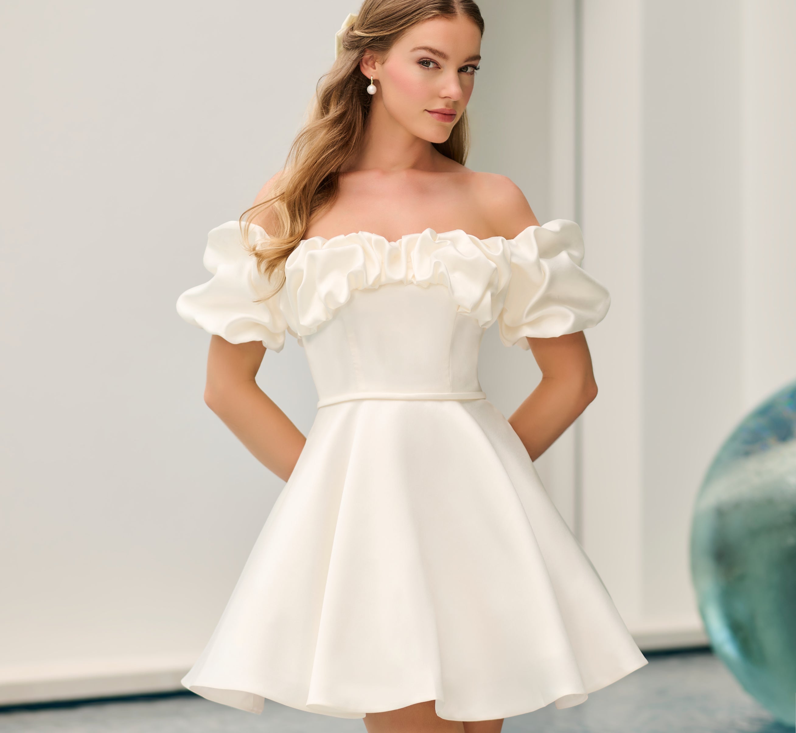 Mikado Off Shoulder Puff Sleeve Short Skirt in Ivory