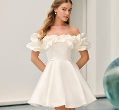 Mikado Off Shoulder Puff Sleeve Short Skirt in Ivory
