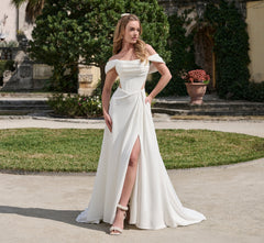 Scuba A-line gown with slit in Ivory