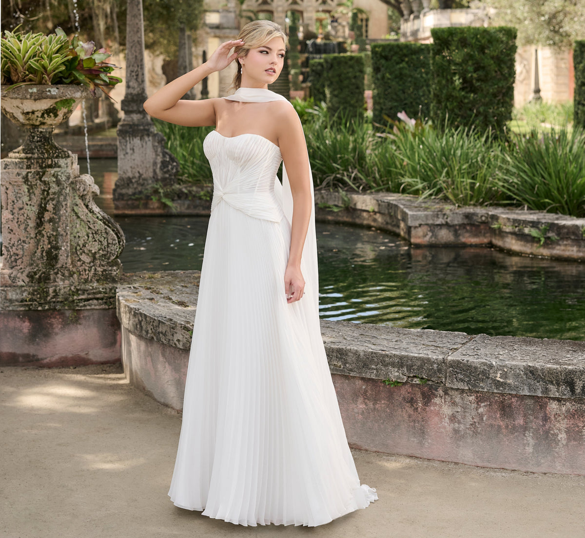Pleated Chiffon a-line gown in Ivory
