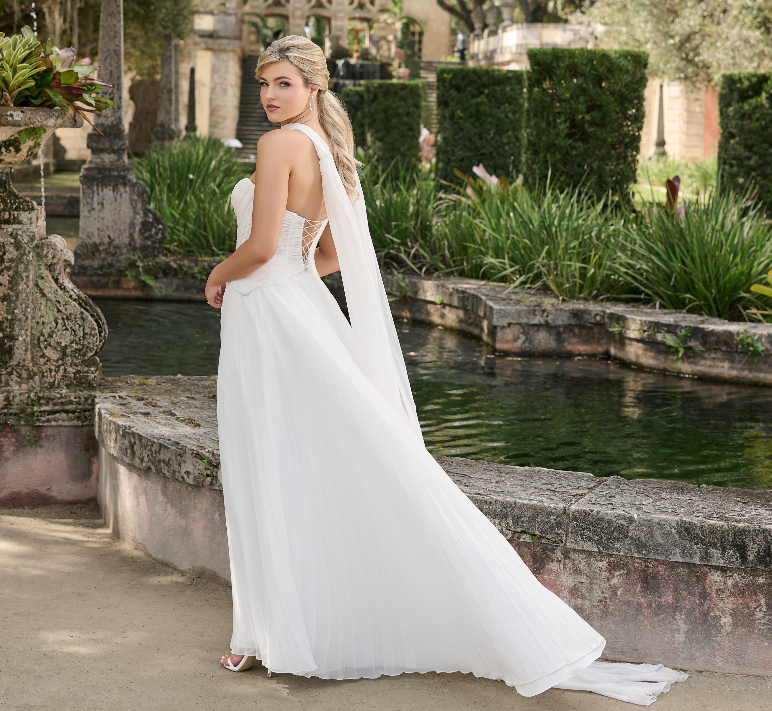 Pleated Chiffon a-line gown in Ivory