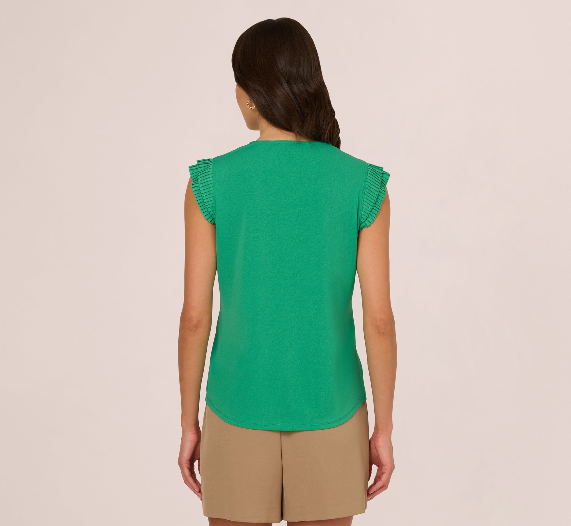 V-Neck Top With Pleated Flutter Sleeves In Simply Green