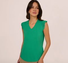 V-Neck Top With Pleated Flutter Sleeves In Simply Green