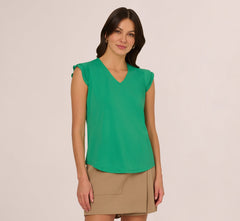 V-Neck Top With Pleated Flutter Sleeves In Simply Green
