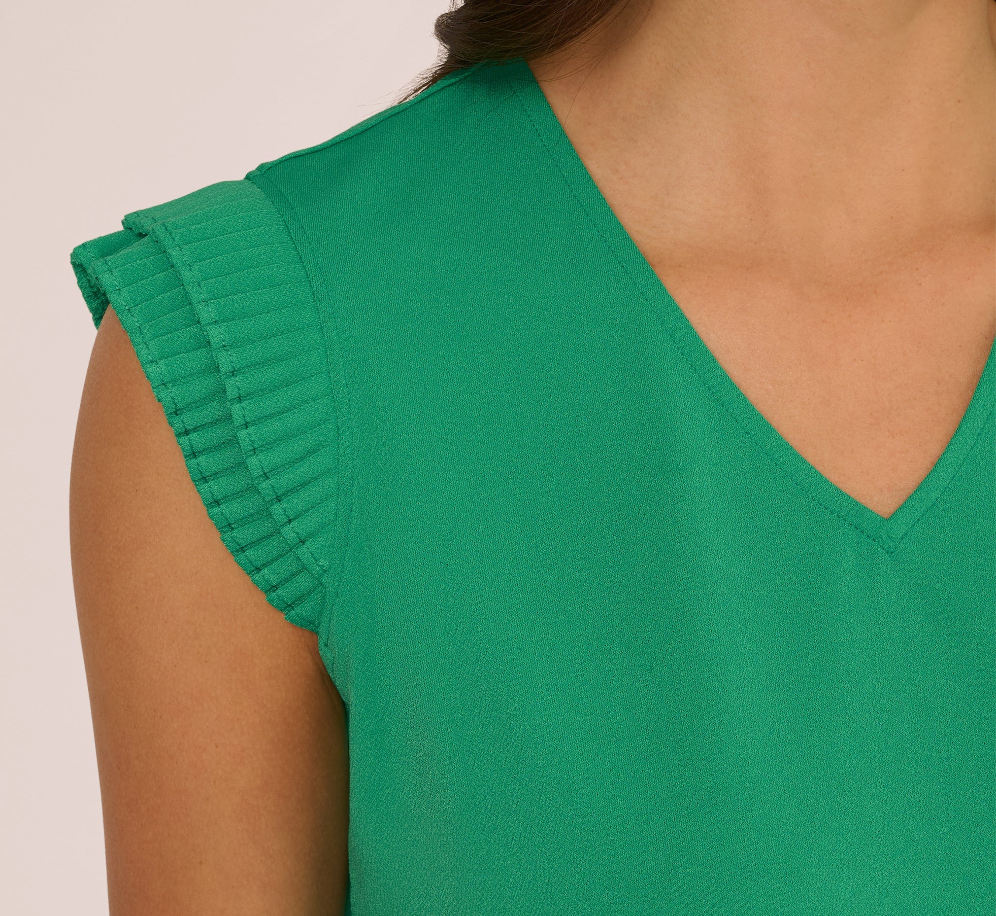 V-Neck Top With Pleated Flutter Sleeves In Simply Green