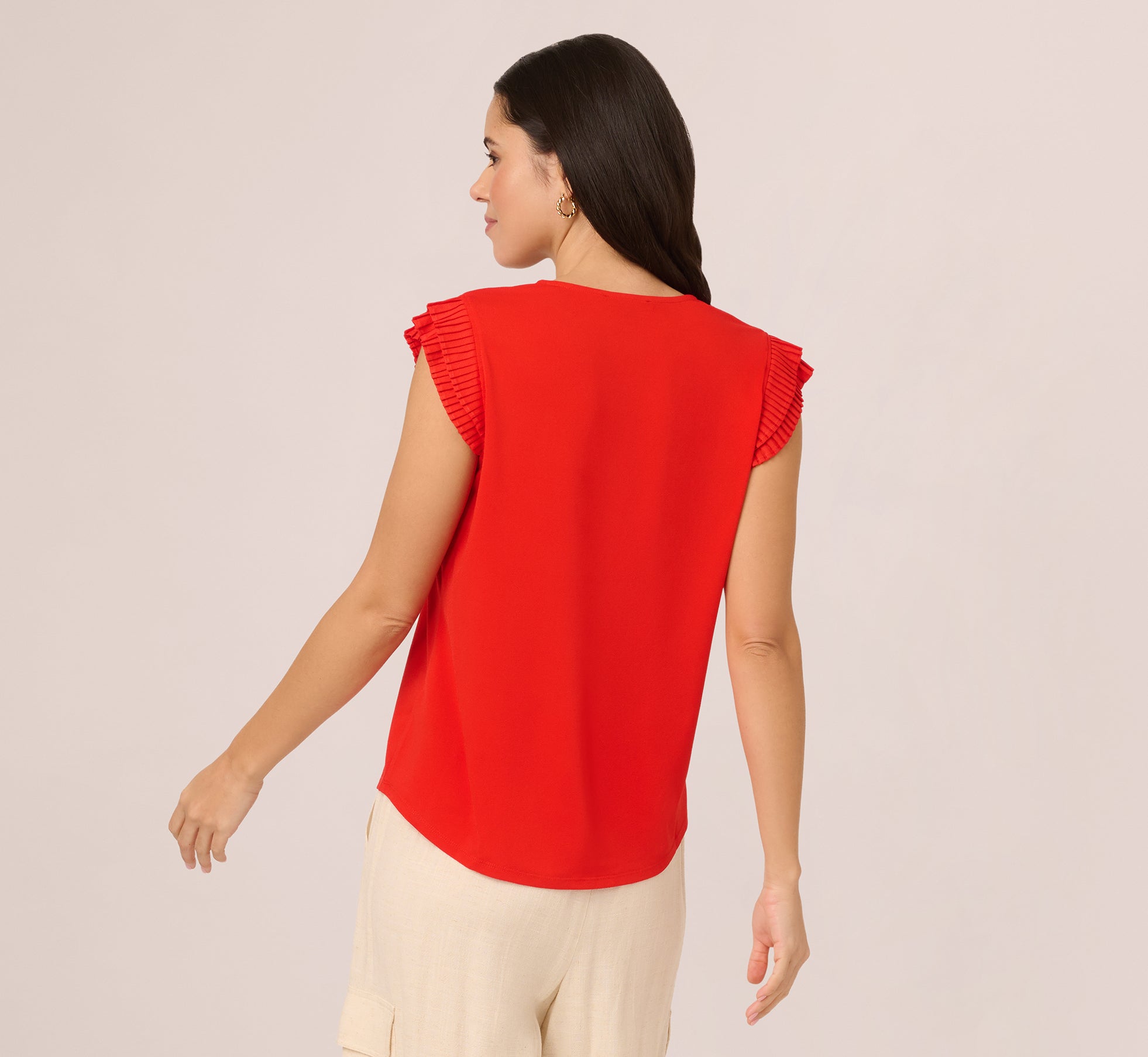 V-Neck Top With Pleated Flutter Sleeves In Valiant Poppy