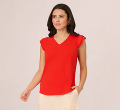 V-Neck Top With Pleated Flutter Sleeves In Valiant Poppy