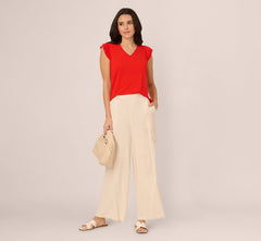 V-Neck Top With Pleated Flutter Sleeves In Valiant Poppy