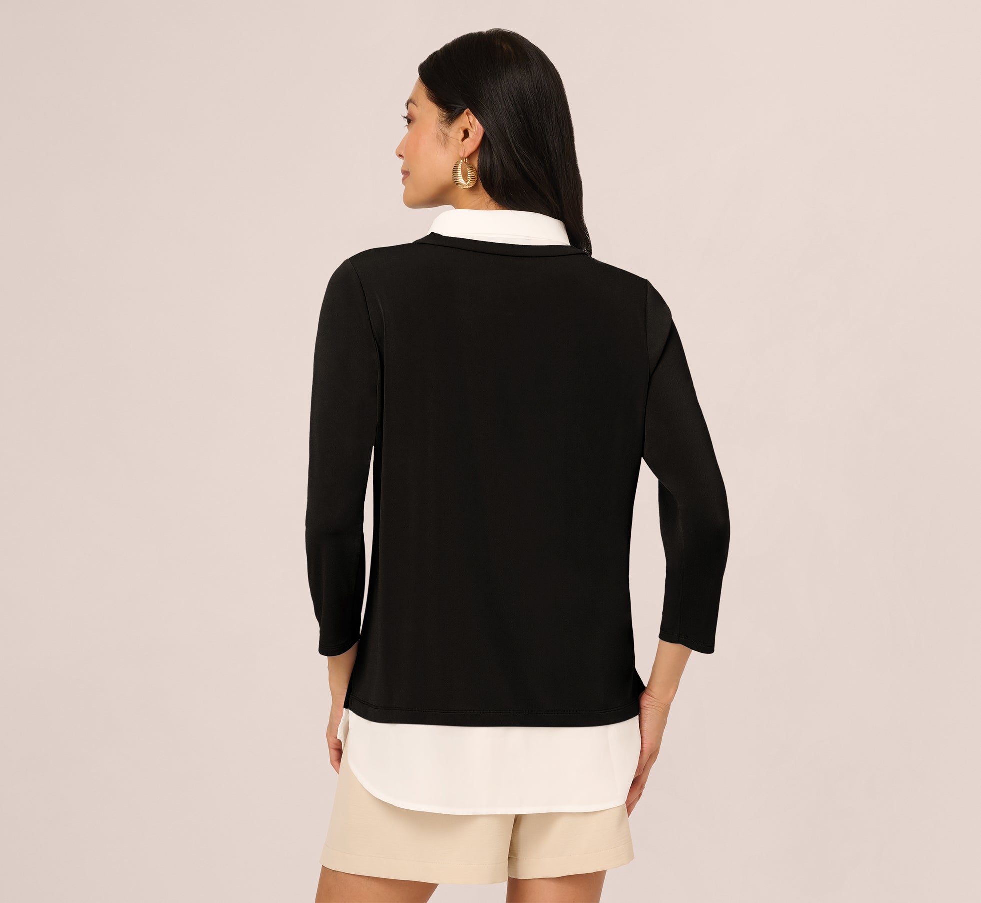 Three Quarter Sleeve Collared Twofer Sweater In Black Ivory