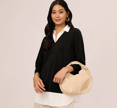 Three Quarter Sleeve Collared Twofer Sweater In Black Ivory