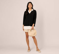 Three Quarter Sleeve Collared Twofer Sweater In Black Ivory
