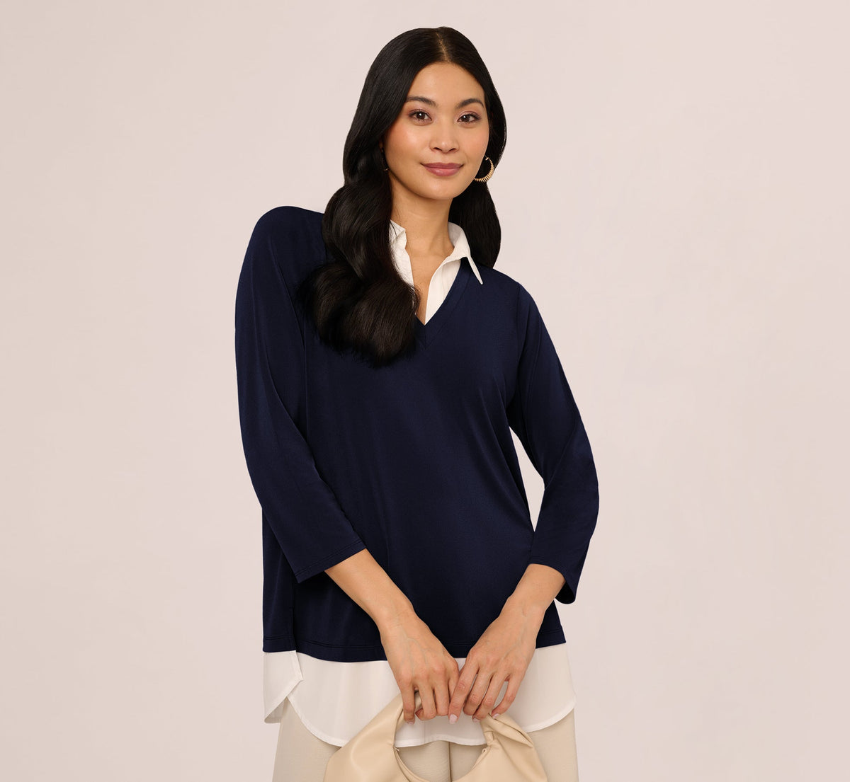 Three Quarter Sleeve Collared Twofer Sweater In Navy Ivory