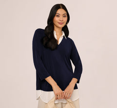 Three Quarter Sleeve Collared Twofer Sweater In Navy Ivory