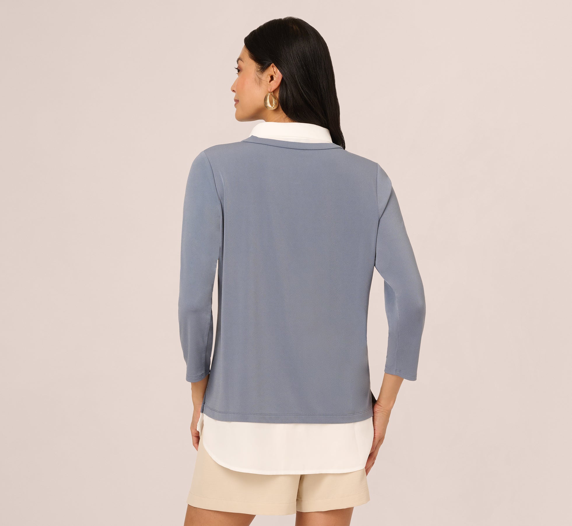 Three Quarter Sleeve Collared Twofer Sweater In Dusty Blue Ivory