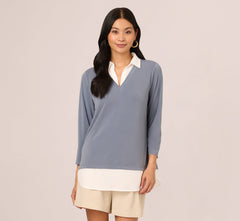 Three Quarter Sleeve Collared Twofer Sweater In Dusty Blue Ivory