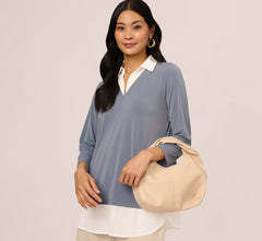 Three Quarter Sleeve Collared Twofer Sweater In Dusty Blue Ivory