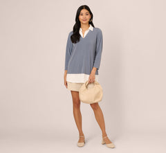 Three Quarter Sleeve Collared Twofer Sweater In Dusty Blue Ivory