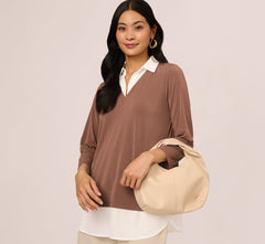 Three Quarter Sleeve Collared Twofer Sweater In Elderberry Ivory