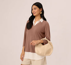 Three Quarter Sleeve Collared Twofer Sweater In Elderberry Ivory