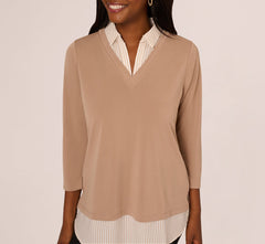Three Quarter Sleeve Sweater With Button Down Accents In Cocoa W  Cocoa Light Stripe