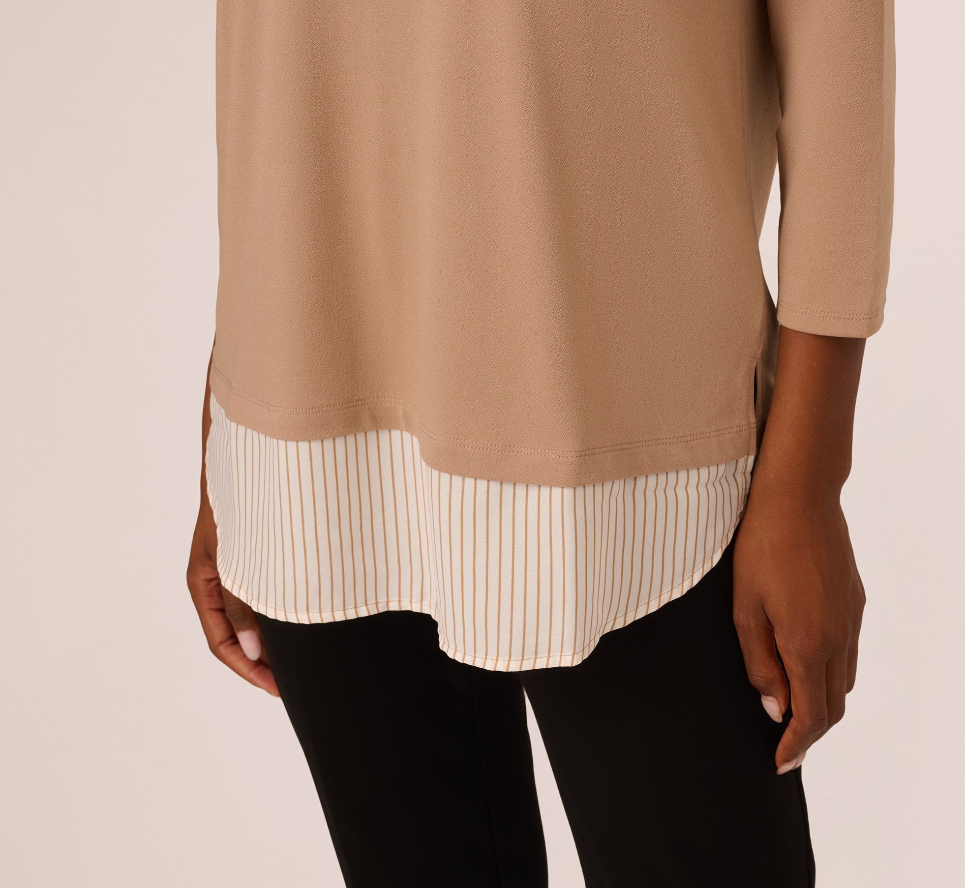 Three Quarter Sleeve Sweater With Button Down Accents In Cocoa W  Cocoa Light Stripe