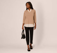 Three Quarter Sleeve Sweater With Button Down Accents In Cocoa W  Cocoa Light Stripe