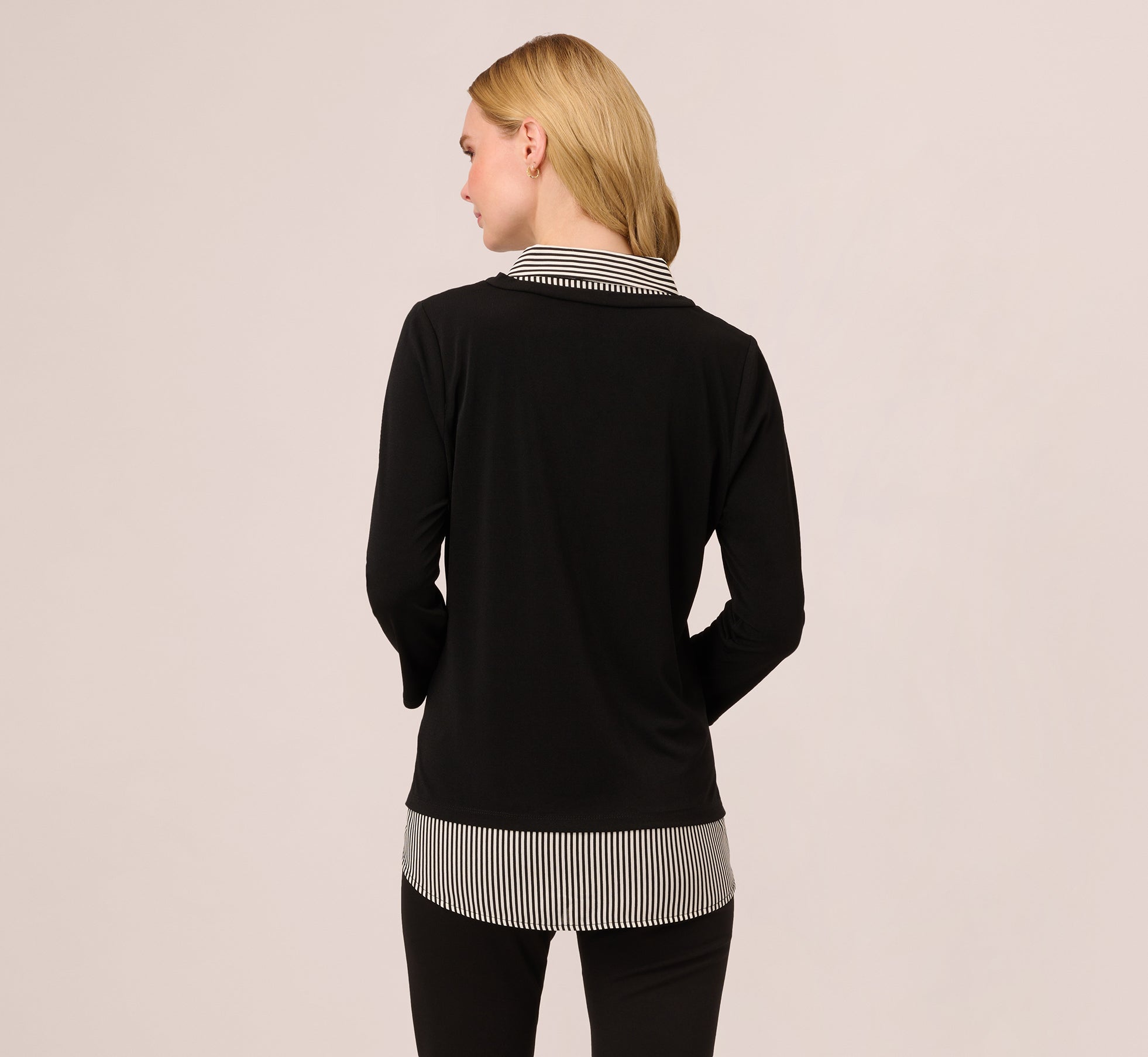 Three Quarter Sleeve Sweater With Button Down Accents In Blackw Black Ivorysmall Stripe