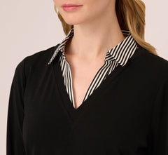 Three Quarter Sleeve Sweater With Button Down Accents In Blackw Black Ivorysmall Stripe