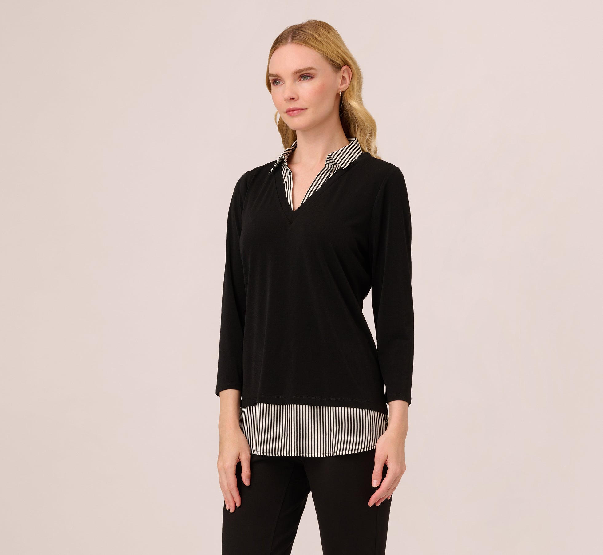 Three Quarter Sleeve Sweater With Button Down Accents In Blackw Black Ivorysmall Stripe