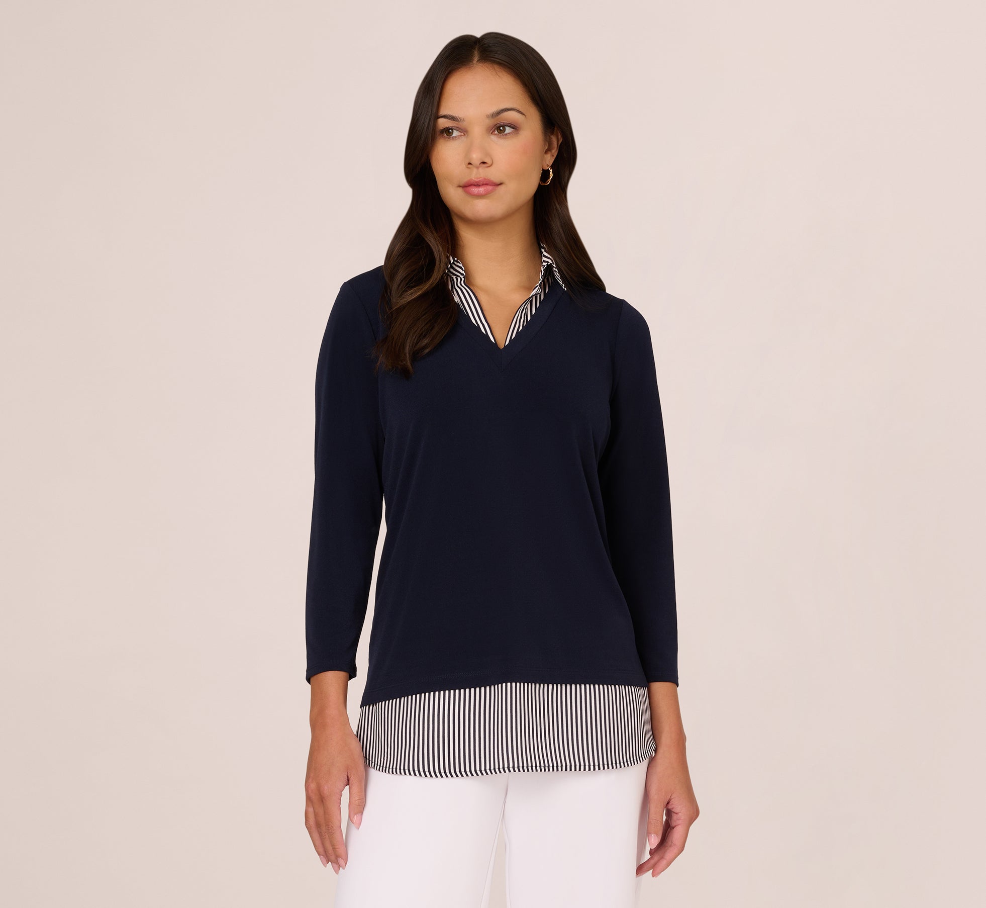 Three Quarter Sleeve Sweater With Button Down Accents In Navy W  Navy Ivry Small Stripe