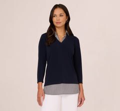Three Quarter Sleeve Sweater With Button Down Accents In Navy W  Navy Ivry Small Stripe