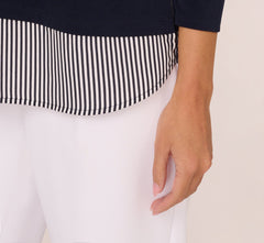 Three Quarter Sleeve Sweater With Button Down Accents In Navy W  Navy Ivry Small Stripe