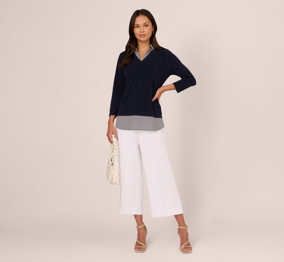 Three Quarter Sleeve Sweater With Button Down Accents In Navy W  Navy Ivry Small Stripe