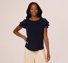 Double Flutter Sleeve Top With Pleated Details In Blue Moon