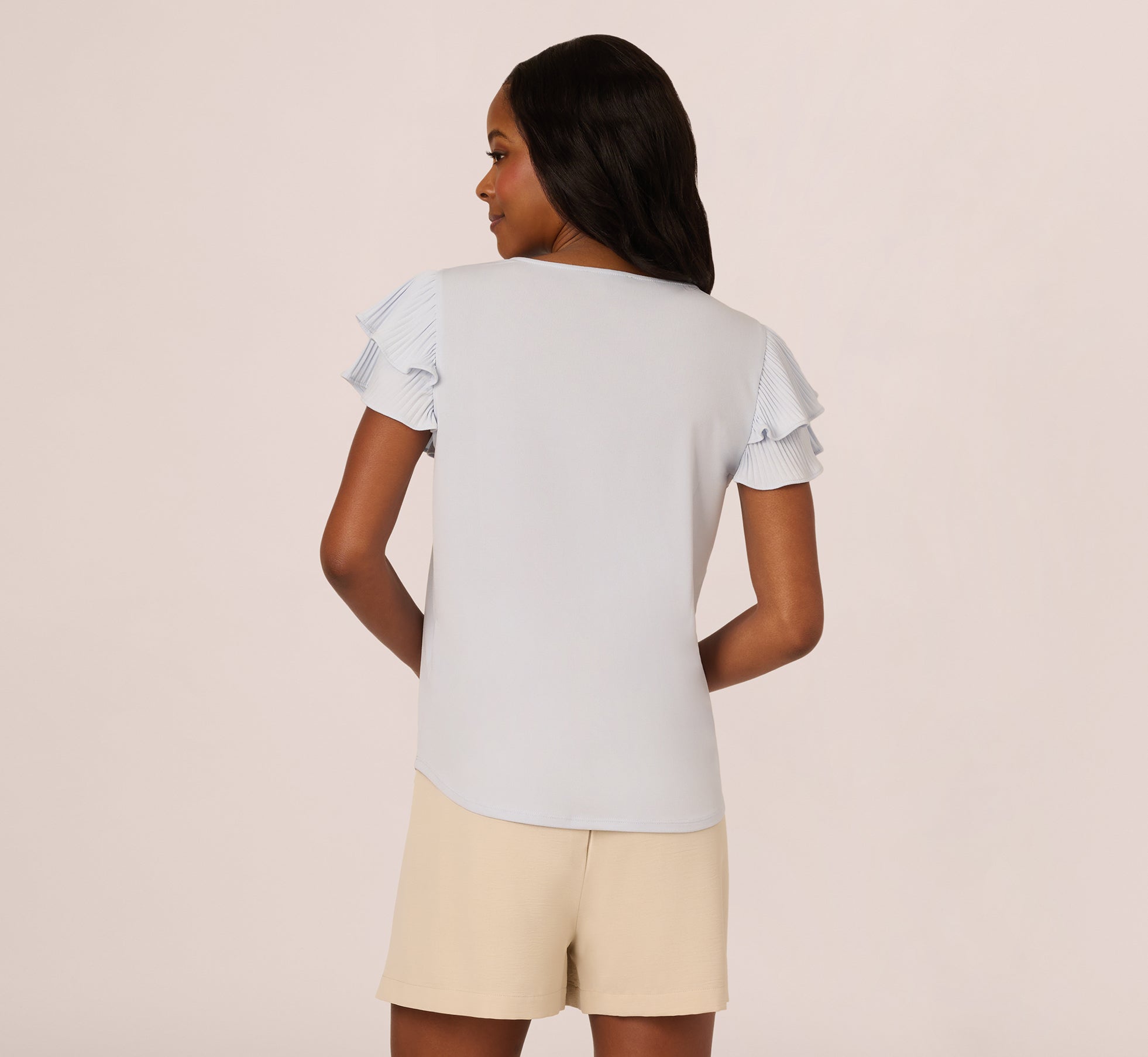 Double Flutter Sleeve Top With Pleated Details In Halogen Blue