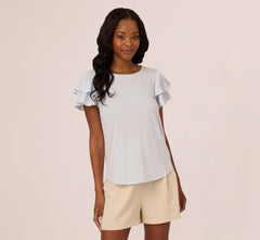 Double Flutter Sleeve Top With Pleated Details In Halogen Blue