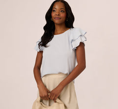 Double Flutter Sleeve Top With Pleated Details In Halogen Blue