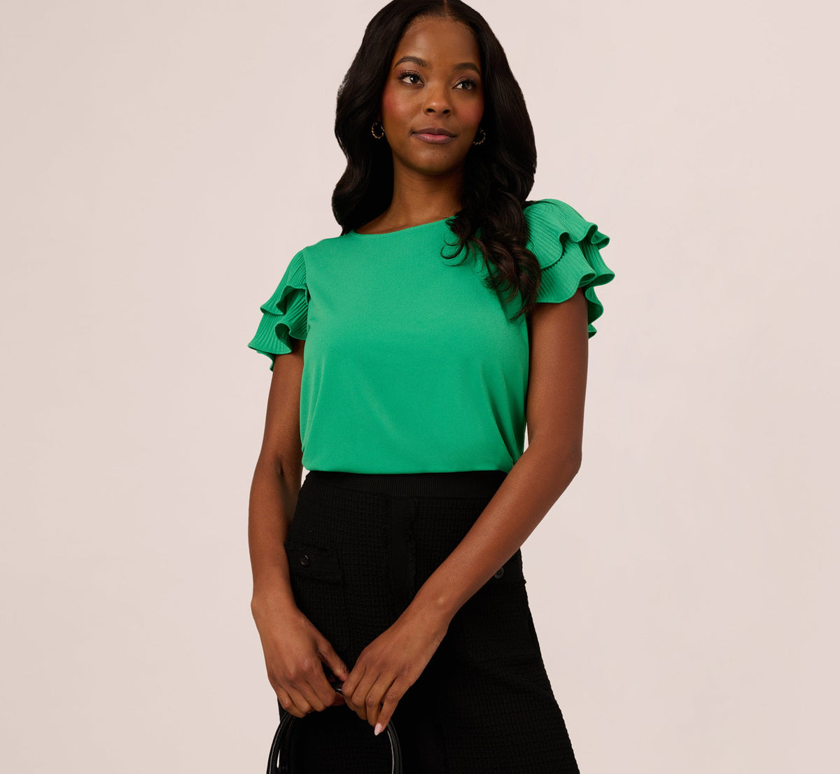 Double Flutter Sleeve Top With Pleated Details In Jelly Bean