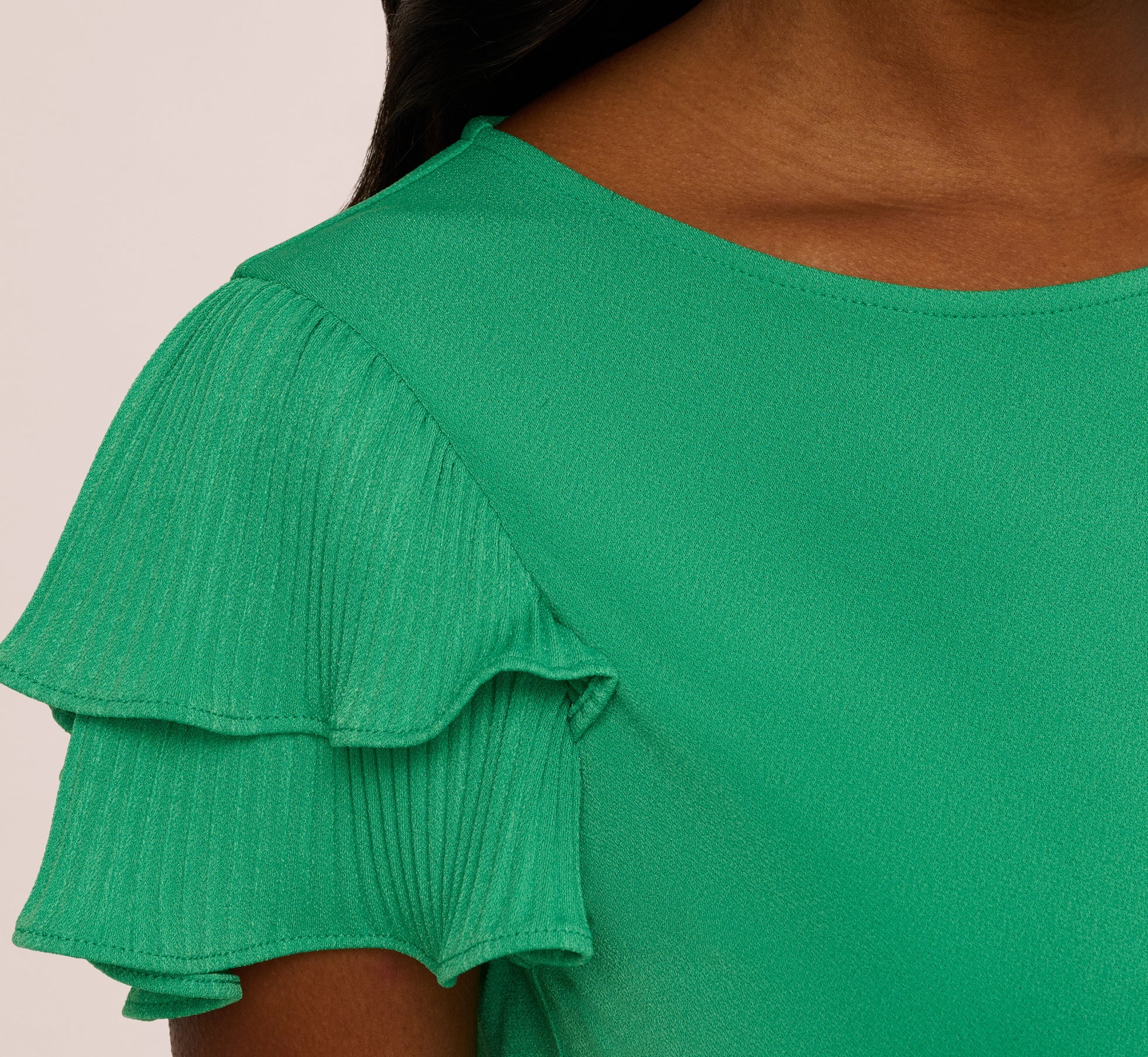 Double Flutter Sleeve Top With Pleated Details In Jelly Bean