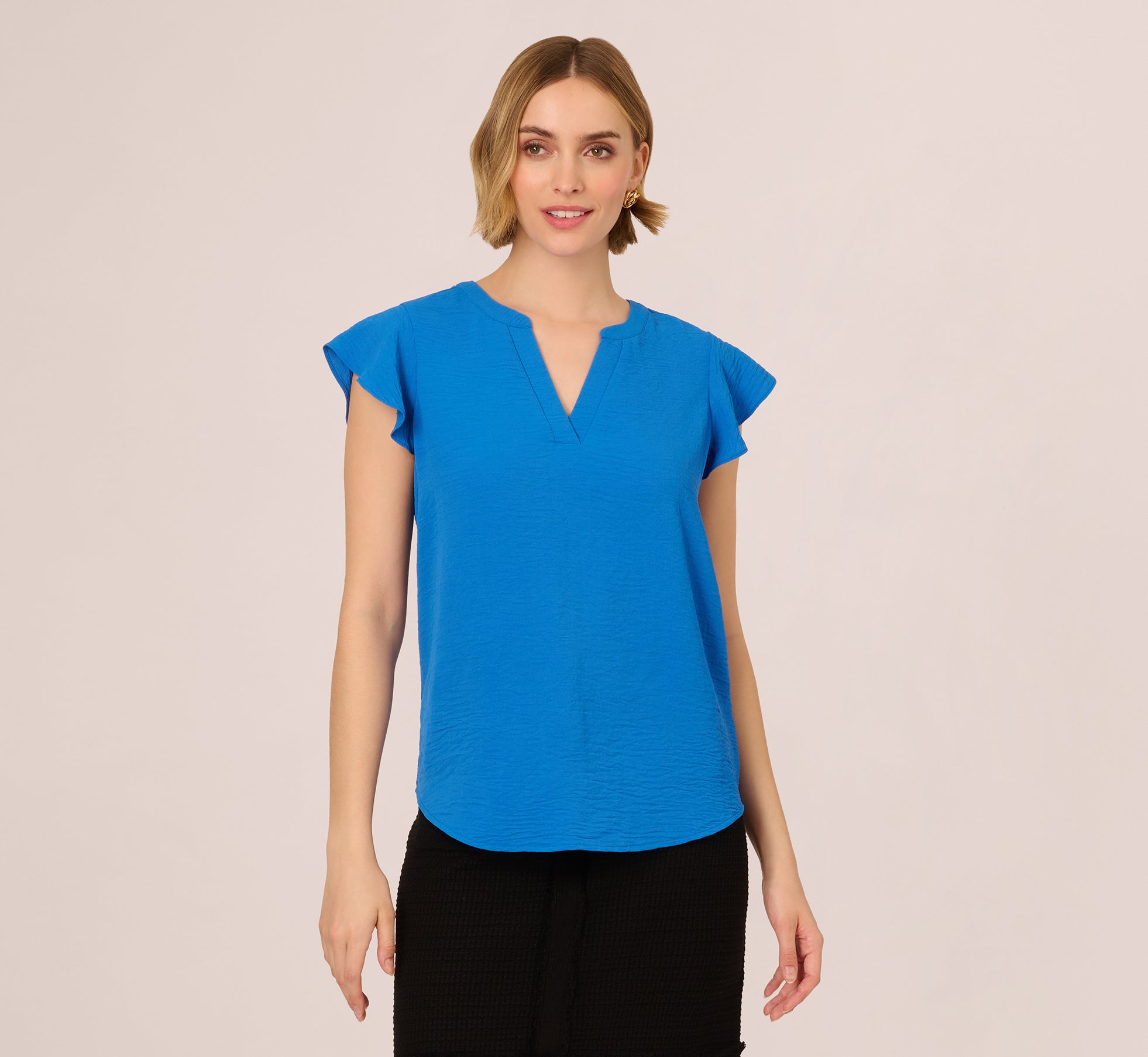 Flutter Sleeve Top With Notched Neck In Egyptian Blue