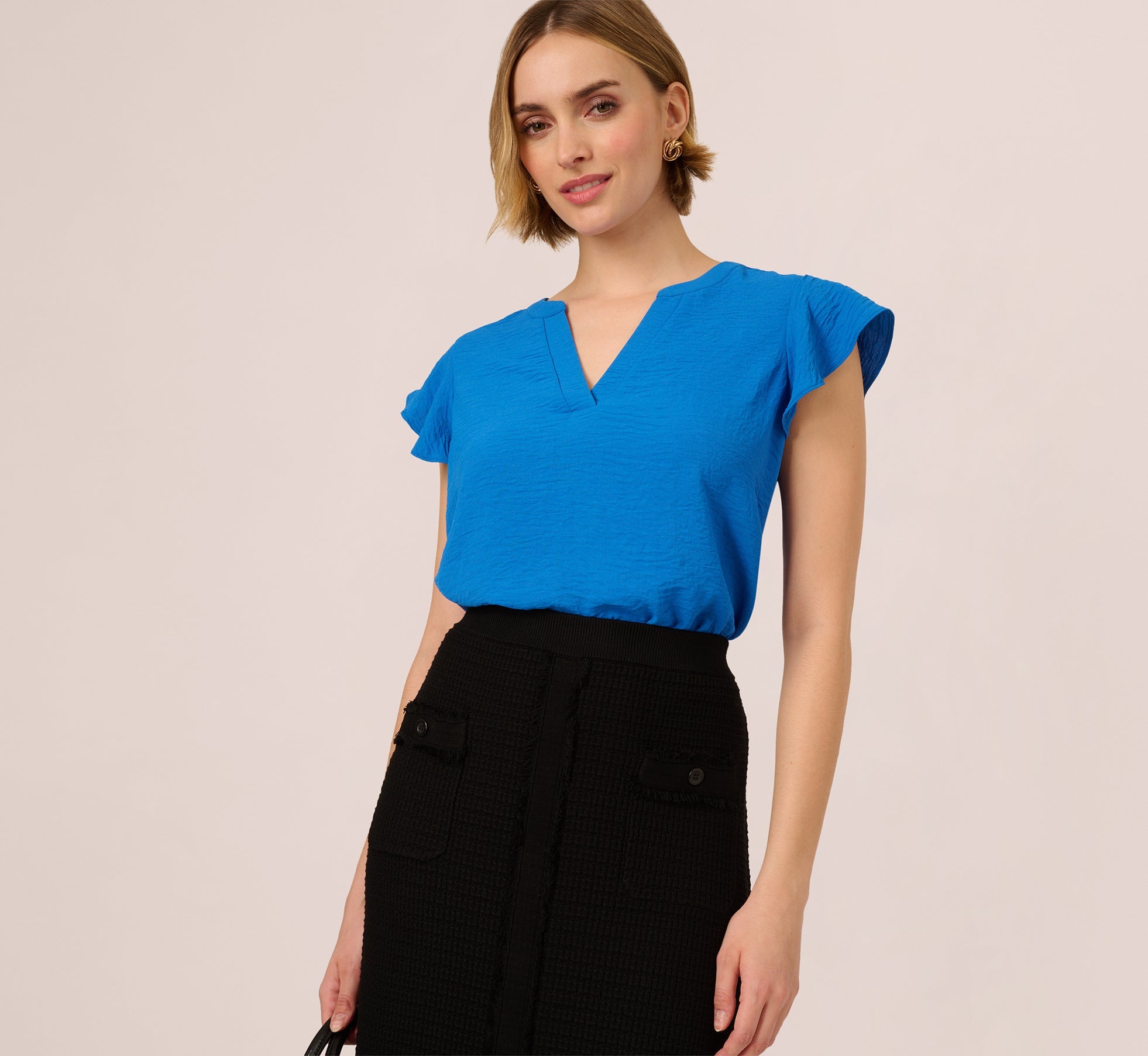 Flutter Sleeve Top With Notched Neck In Egyptian Blue
