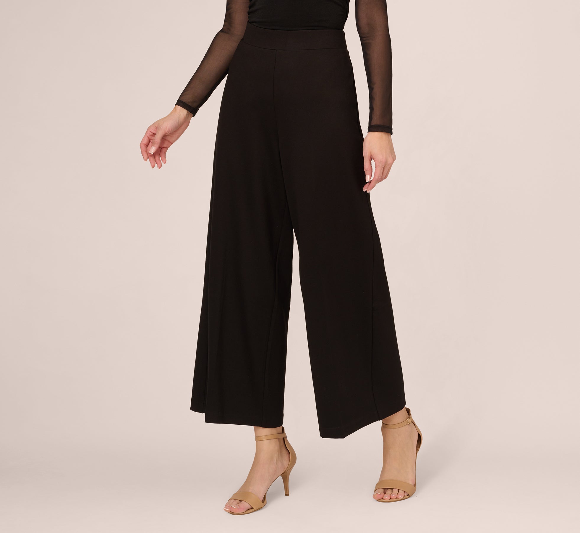 Ponte Knit Wide Leg Pants With Elastic Waist In Black