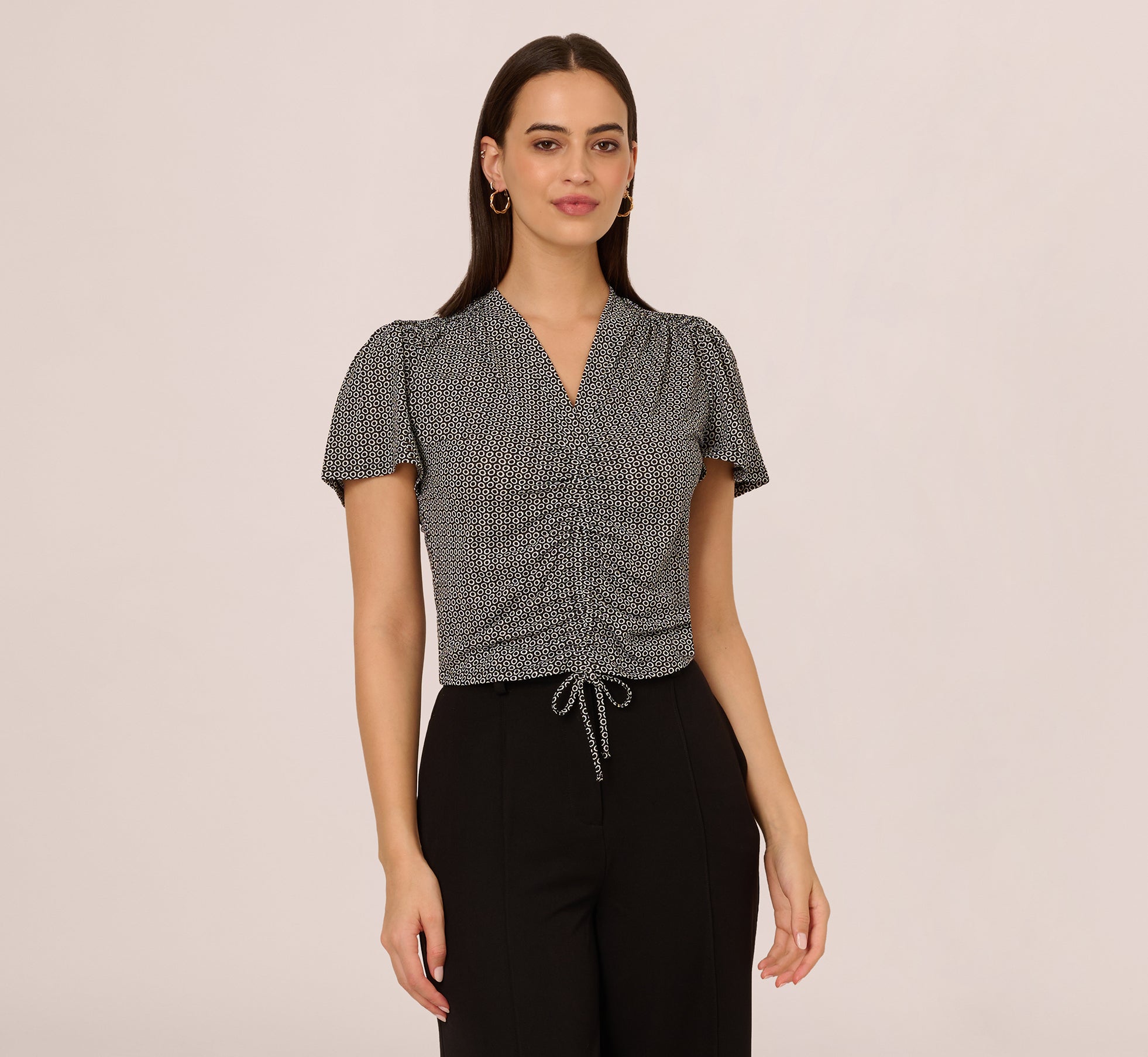 Flutter Sleeve Ruched Front Printed Top In Black Cloud Carnation