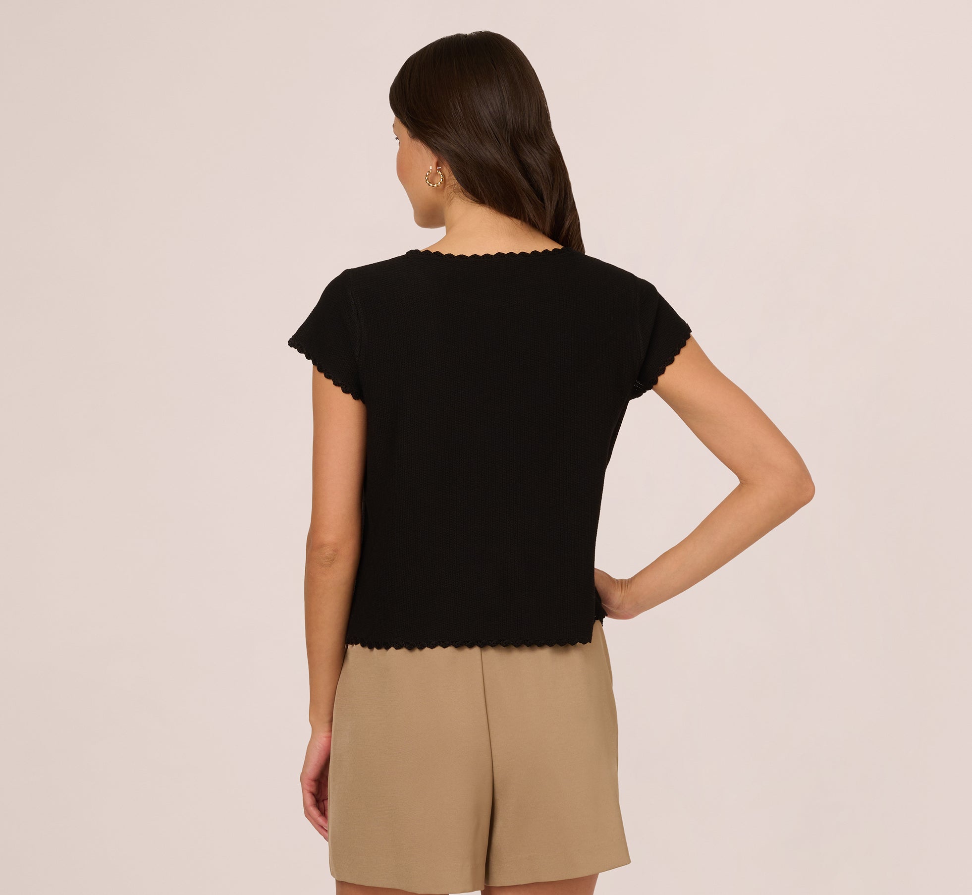 Cap Sleeve Crochet Scallop Sweater Top In Black