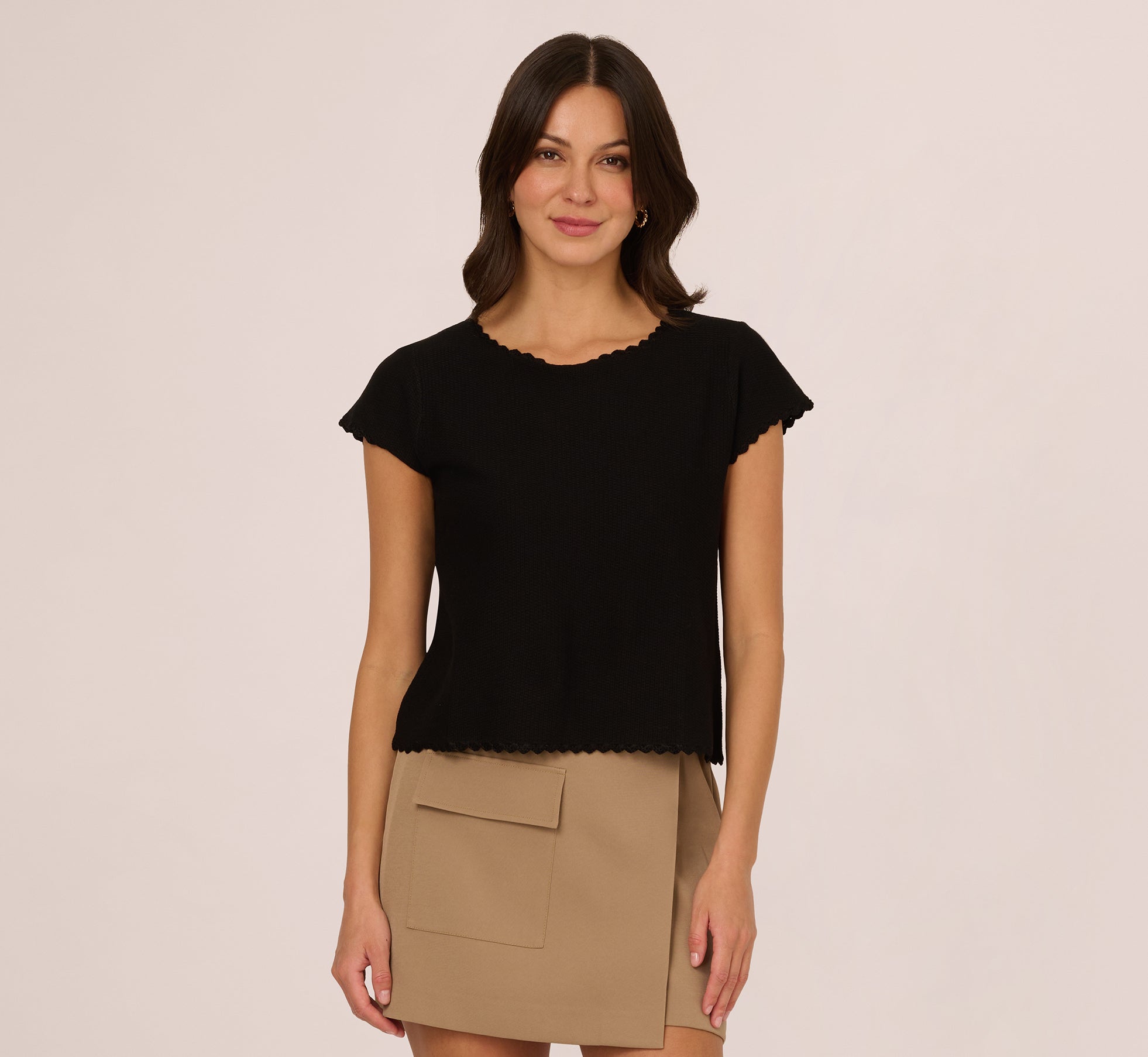 Cap Sleeve Crochet Scallop Sweater Top In Black