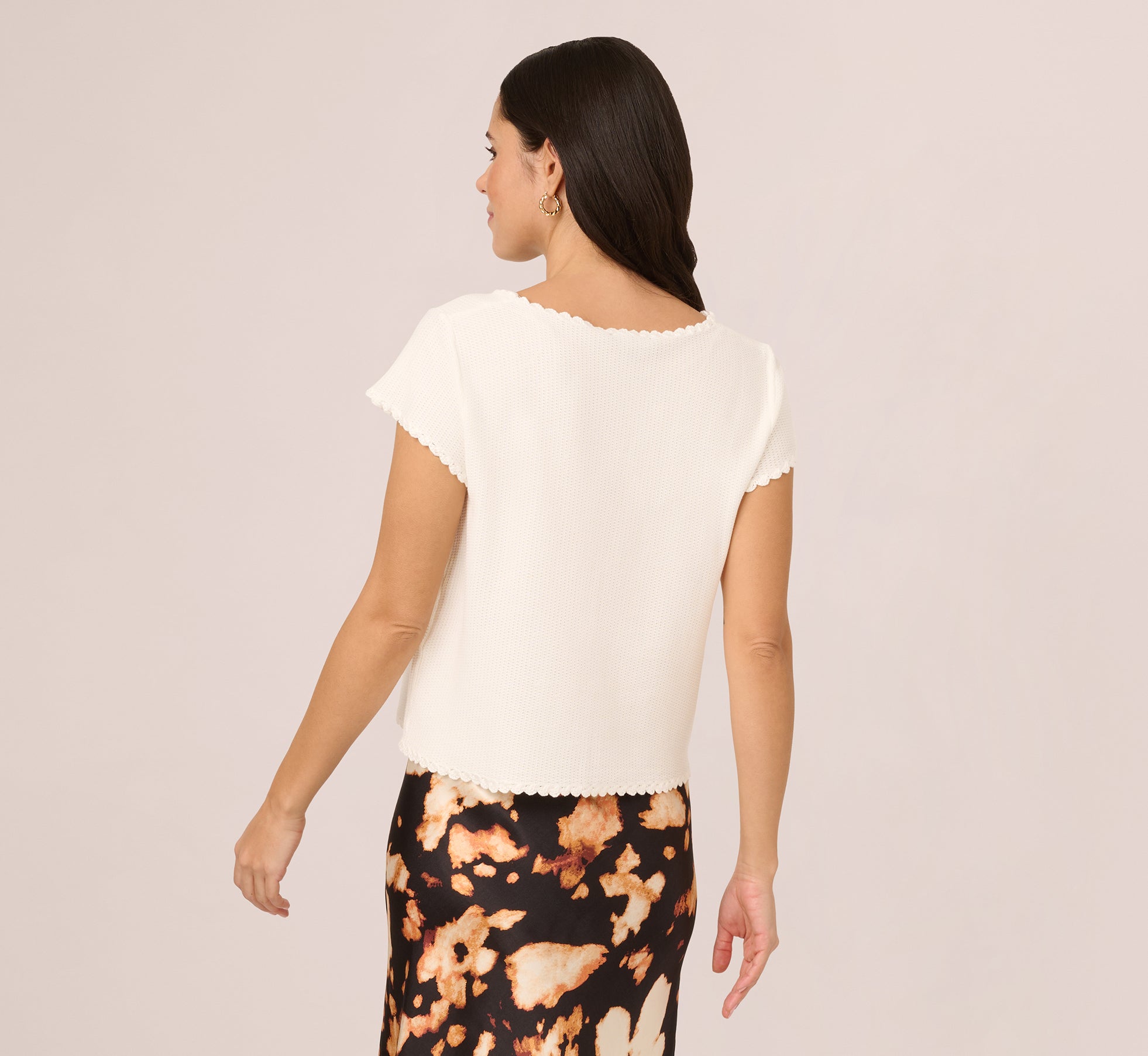 Cap Sleeve Crochet Scallop Sweater Top In Ivory